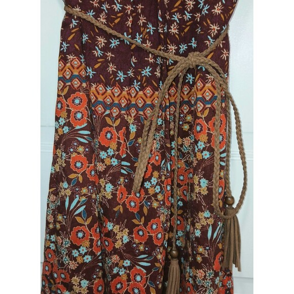 Forever 21 Southwestern XS Boho Floral Paisley Print Mini Dress Tassel Tie Brown - Picture 6 of 13
